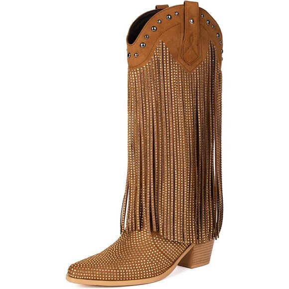 Black Rhinestone Fringe Cowgirl Boots Women Sparkly Western Pointed Toe Heel - Picture 2 of 6